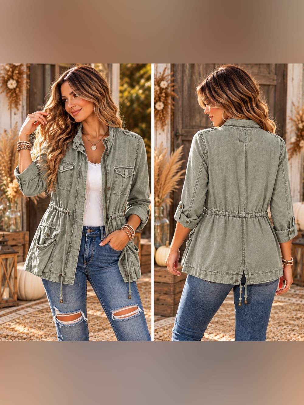 Celebrity Pink Olive Drawstring Waist Utility Jacket